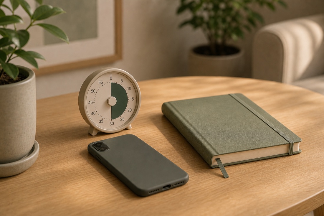 Teknoloji bağımlılığında ekran sınırlarını temsil eden yüzüstü telefon, zamanlayıcı ve defter görseli