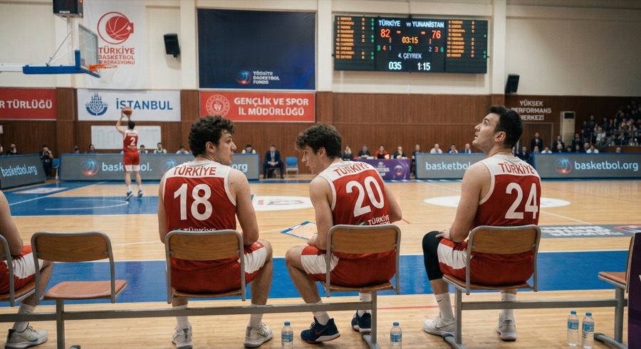 Maç öncesi yedek kulübesinde oyuna girmeyi bekleyen genç basketbolcular