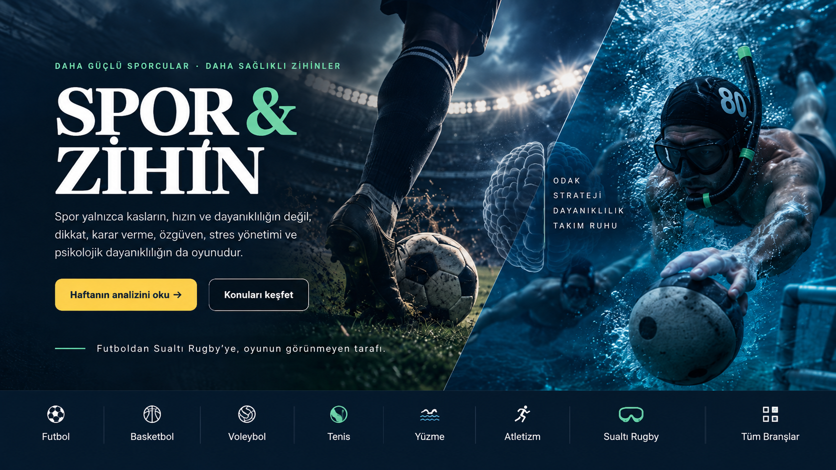 Futbol stadyumu ve 80 numaralı şnorkelli sualtı rugby oyuncusunu birleştiren Spor ve Zihin görseli